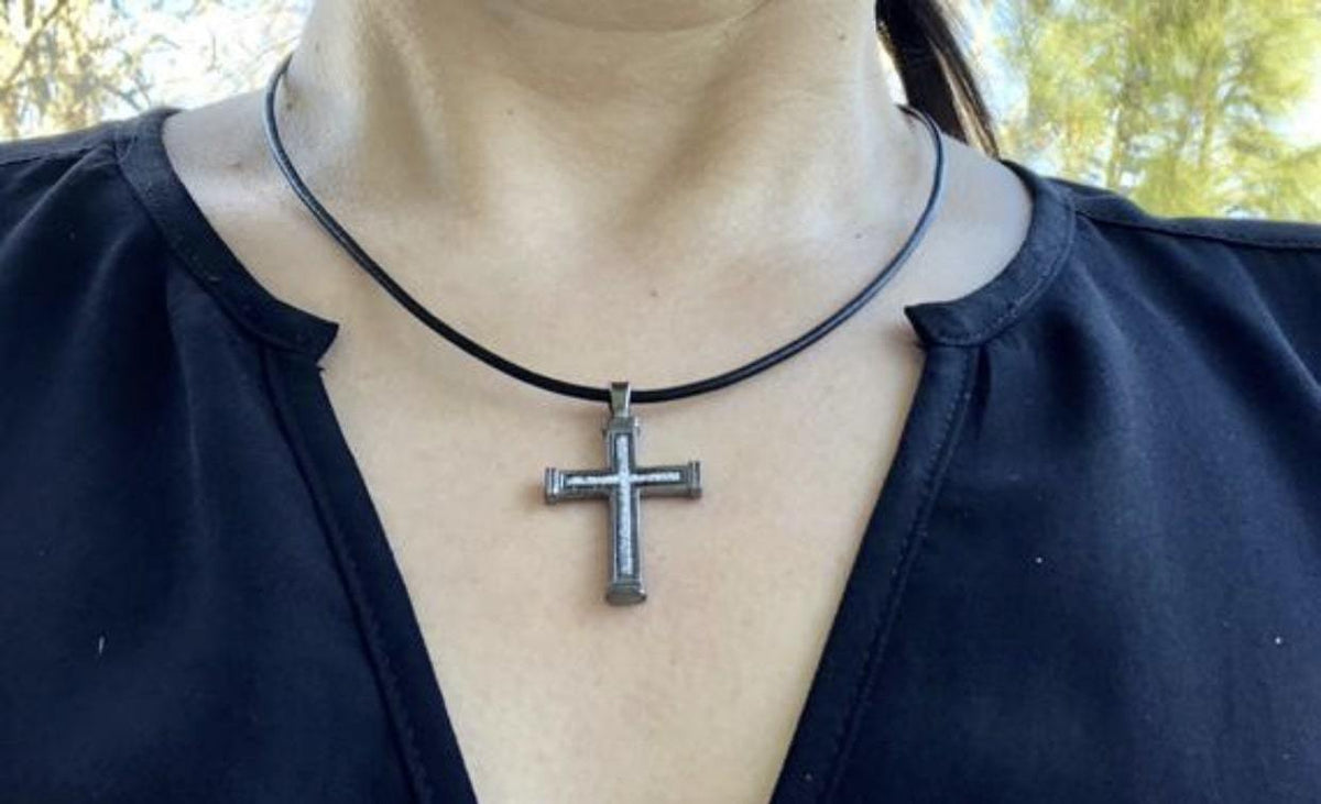 Men's black cross necklace with leather cord 