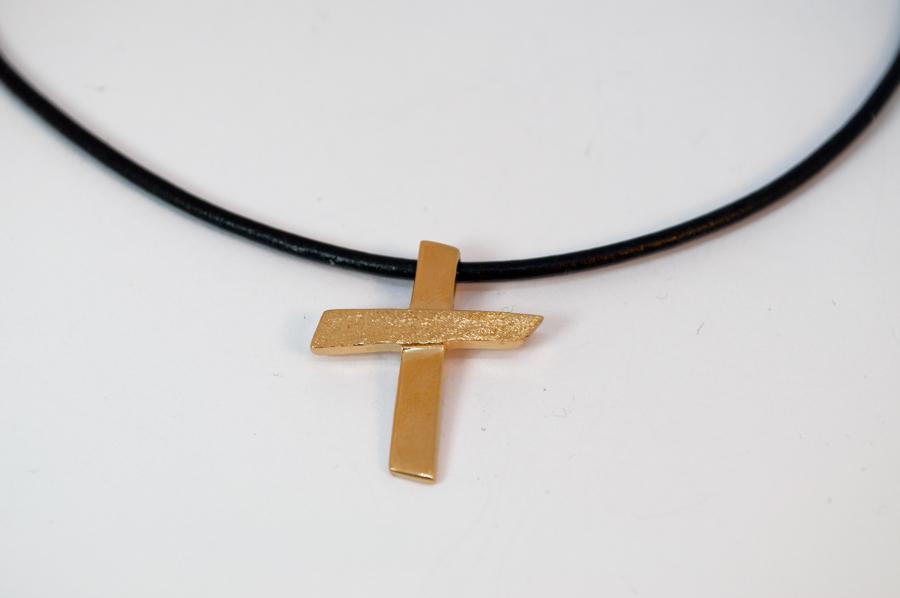 Gold plated Silver cross necklace with leather rope, textured silver cross, silver cross pendant 