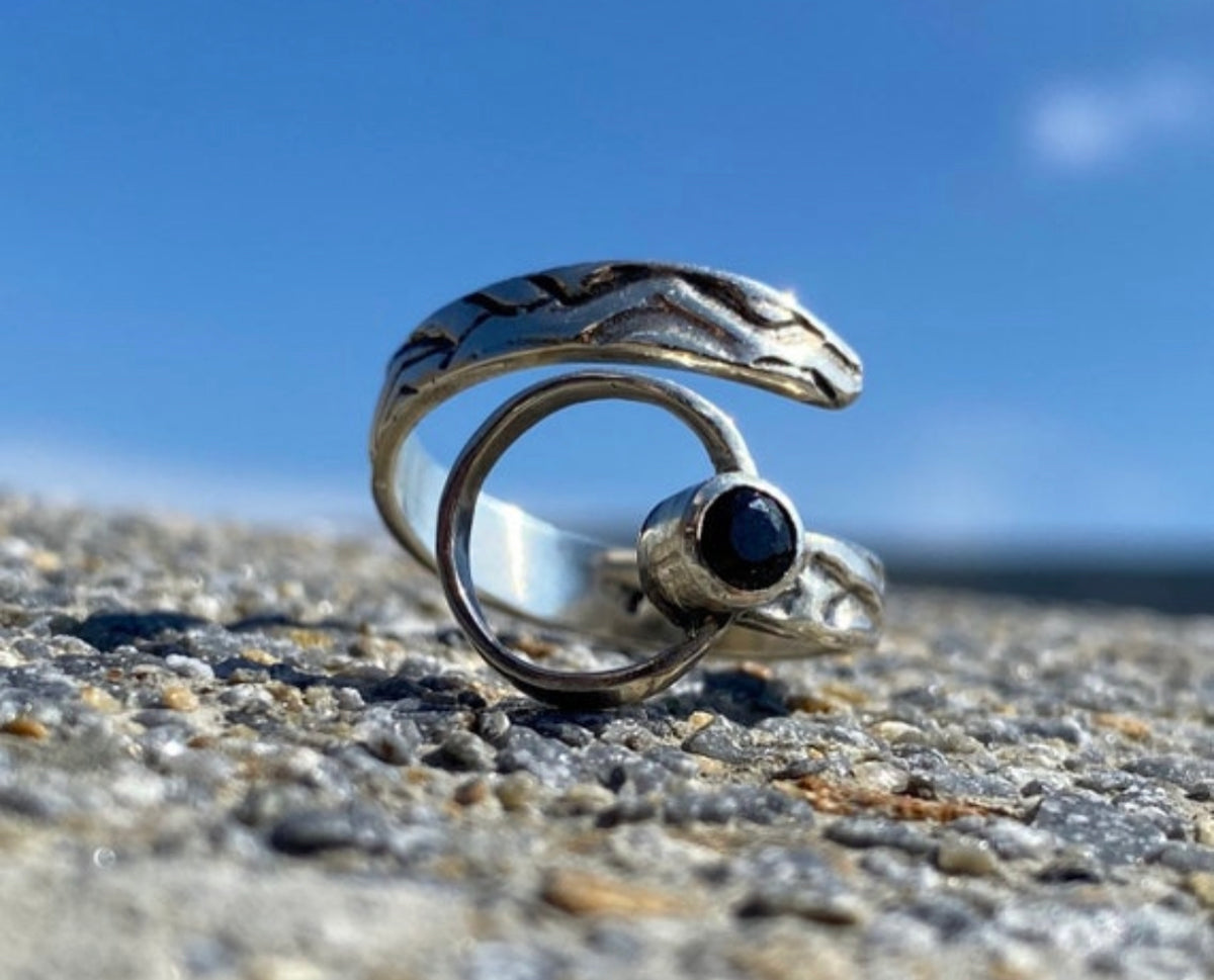 black gemstone ring silver tribal ring circle