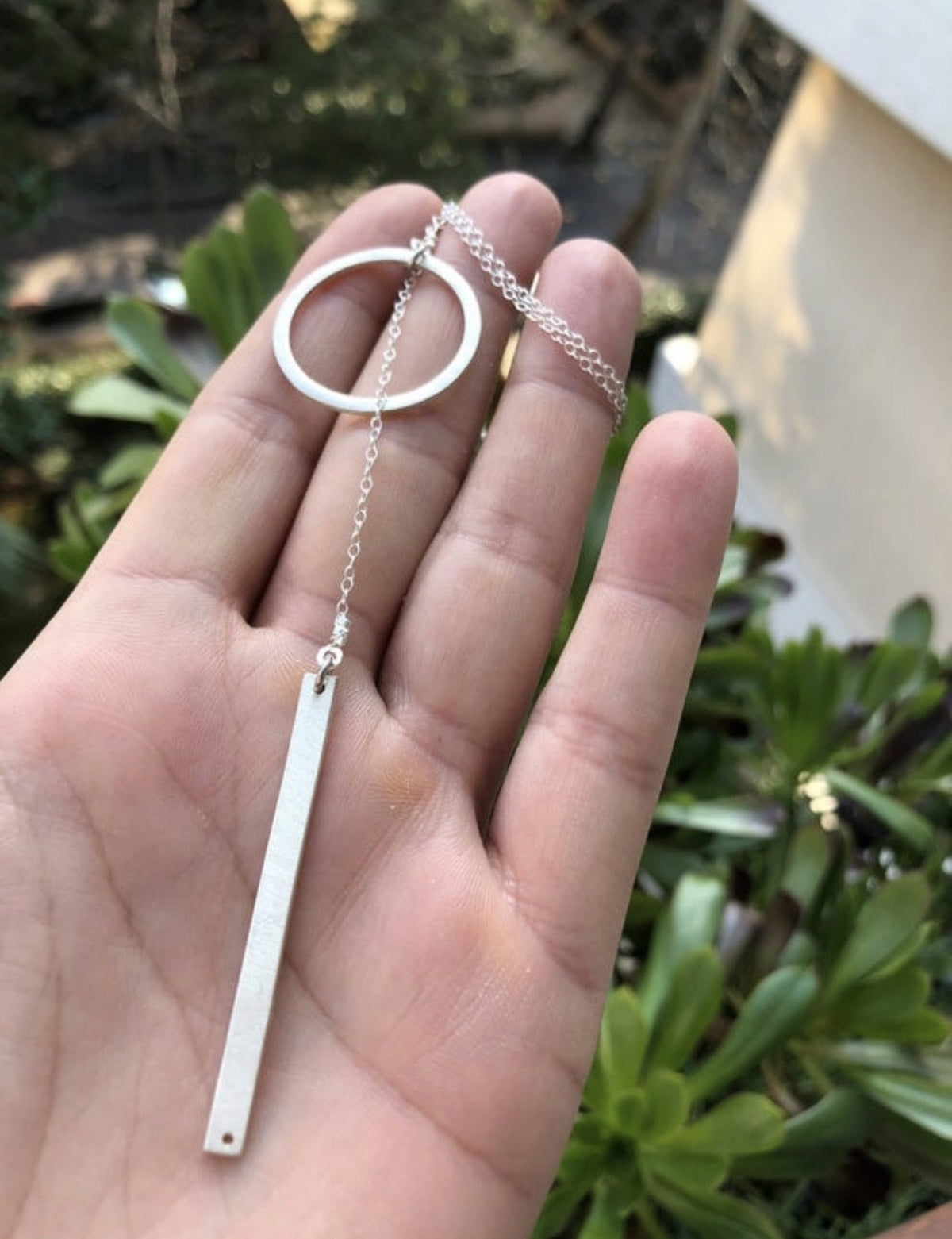 Lariat necklace silver circle and bar rectangle necklace 