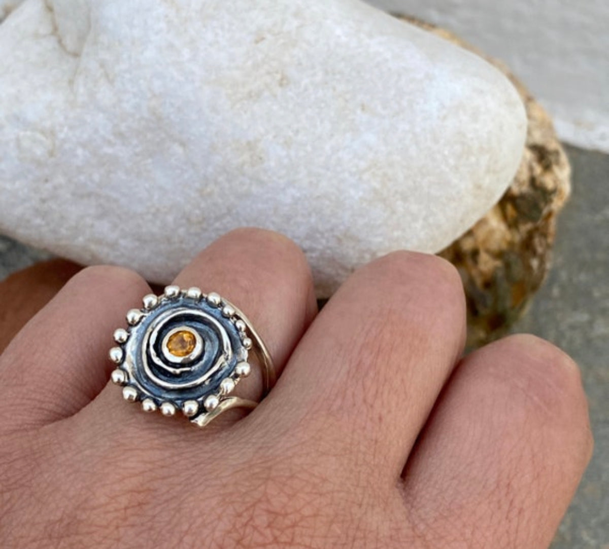 citrine silver statement ring, silver swirl ring