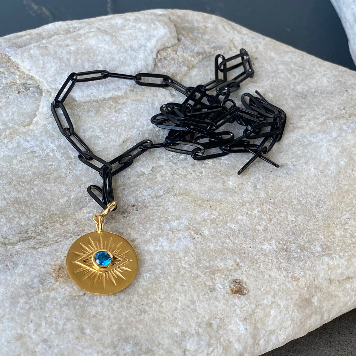 Evil eye necklace gold with black stainless steel paperclip chain