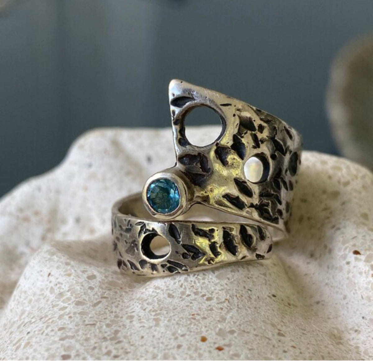 wide silver ring adjustable blue topaz