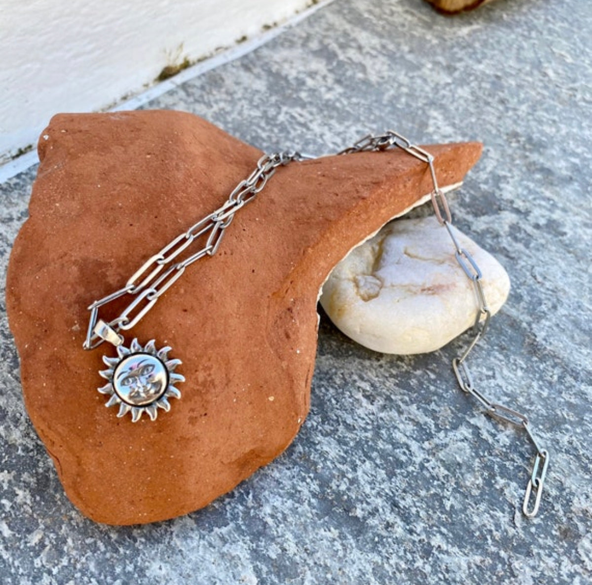 Sterling silver smiling sun paperclip chain