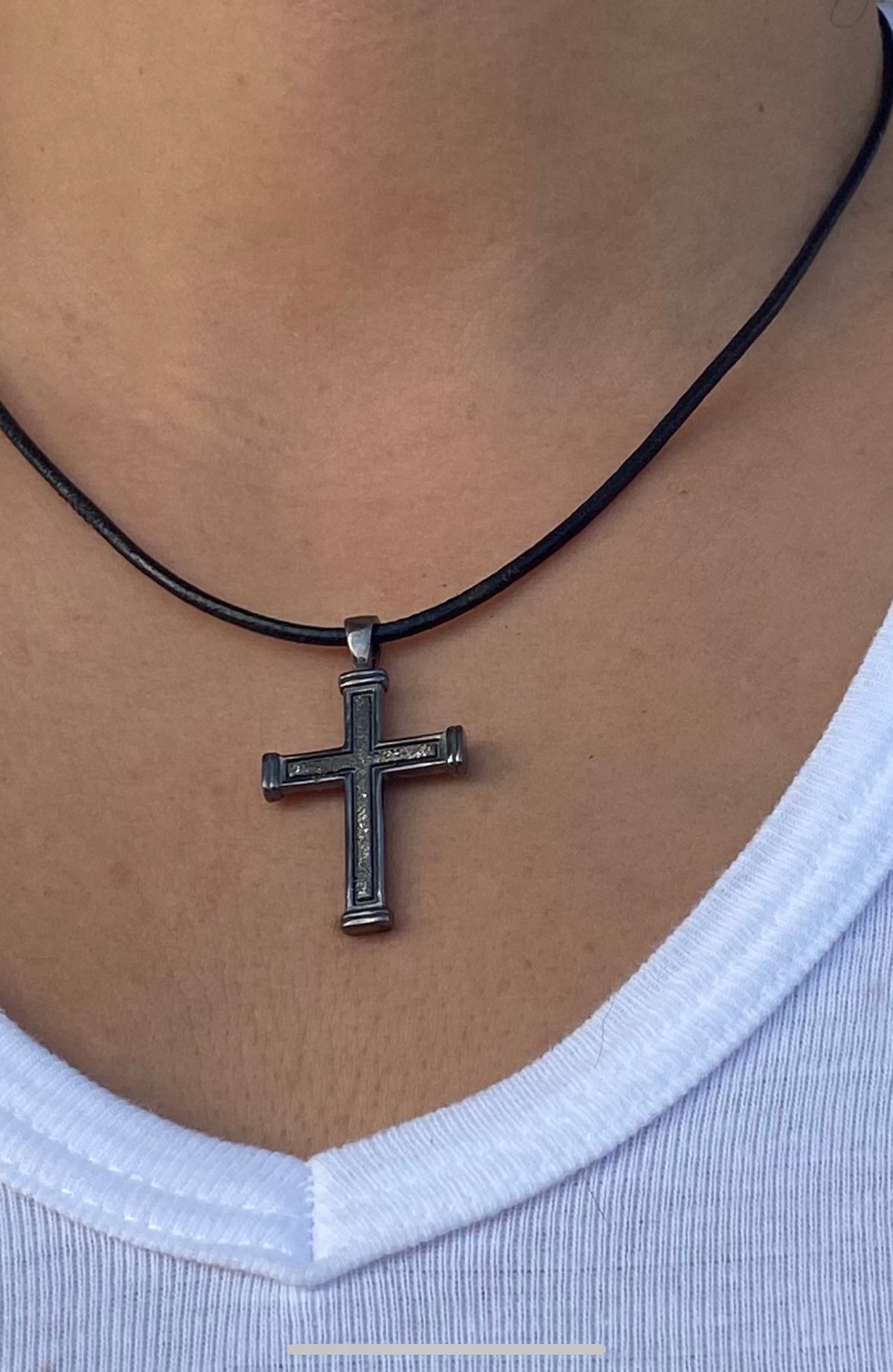 Men's black cross necklace with leather cord
