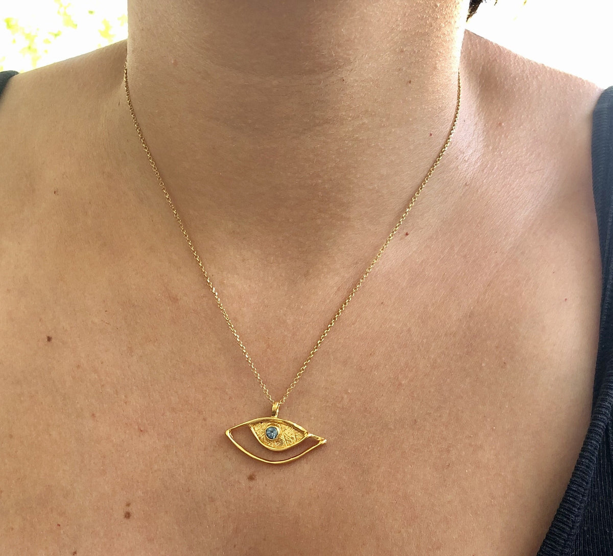 Evil eye pendant gold, sterling silver blue topaz gemstone evil eye 