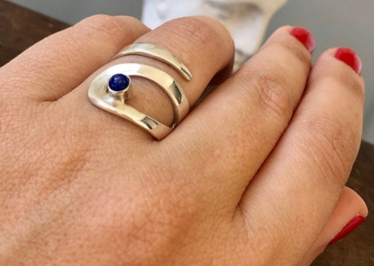 lapis lazuli silver ring, wide adjustable ring