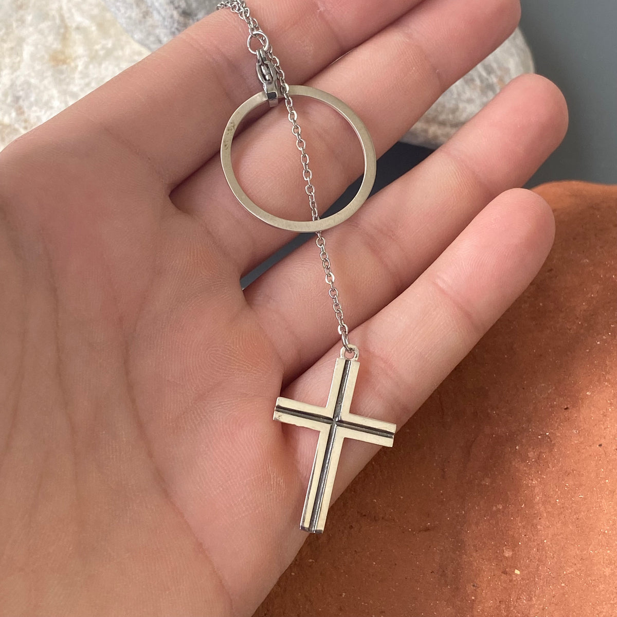 Circle lariat with cross necklace, women’s fashion necklace