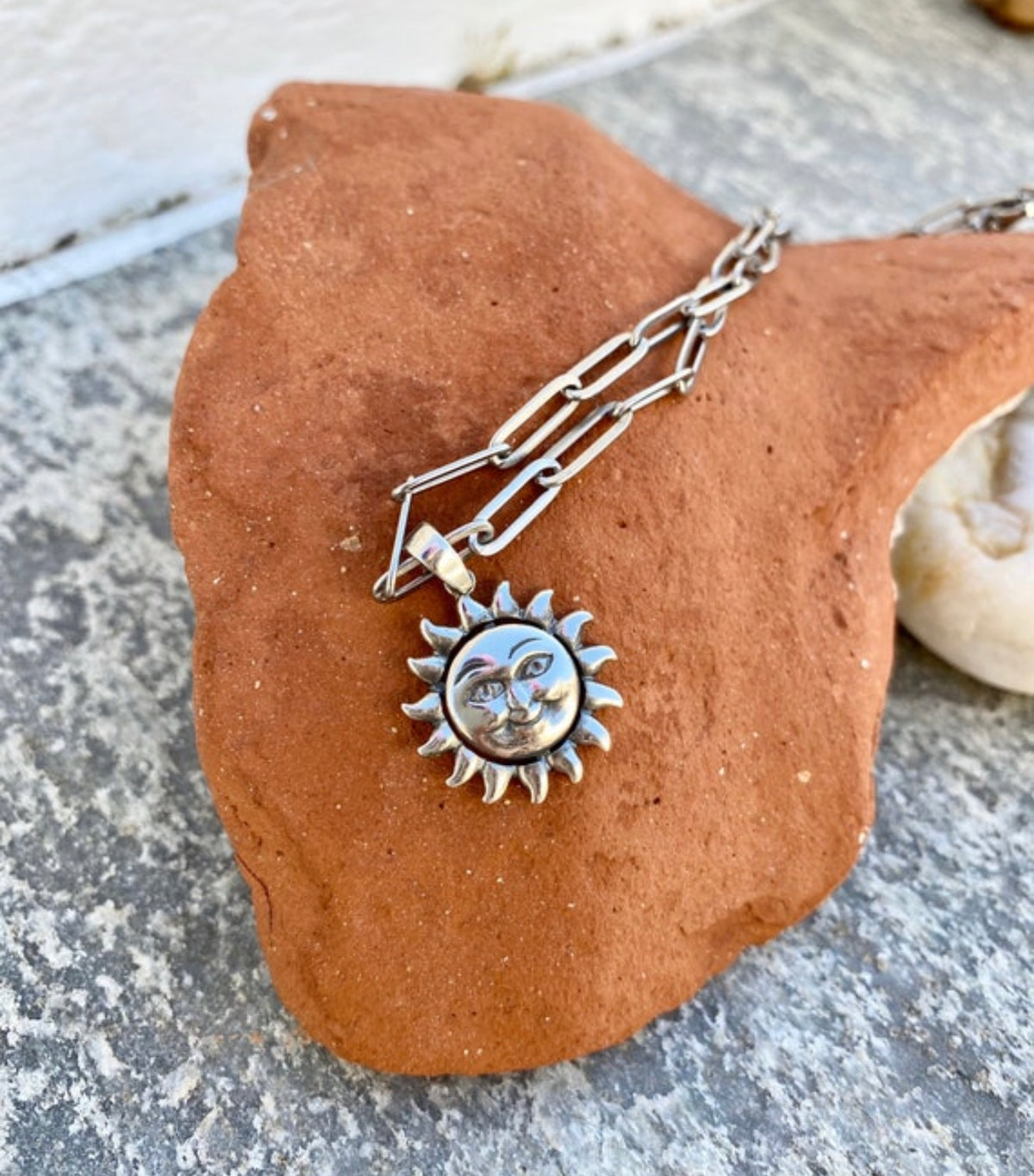 Sterling silver smiling sun paperclip chain