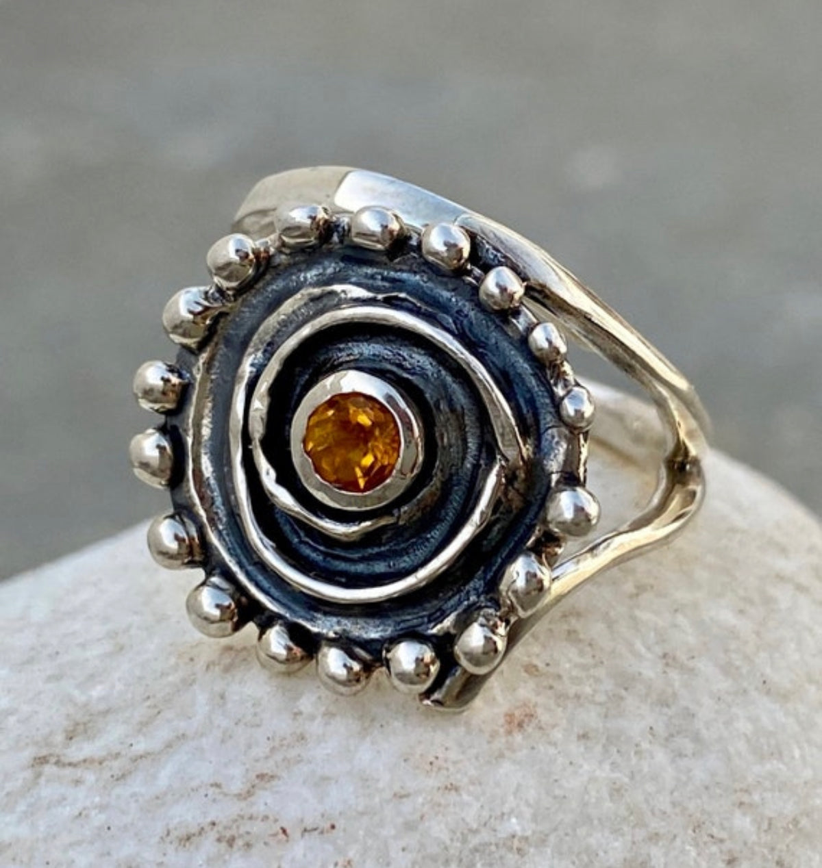 citrine silver statement ring, silver swirl ring