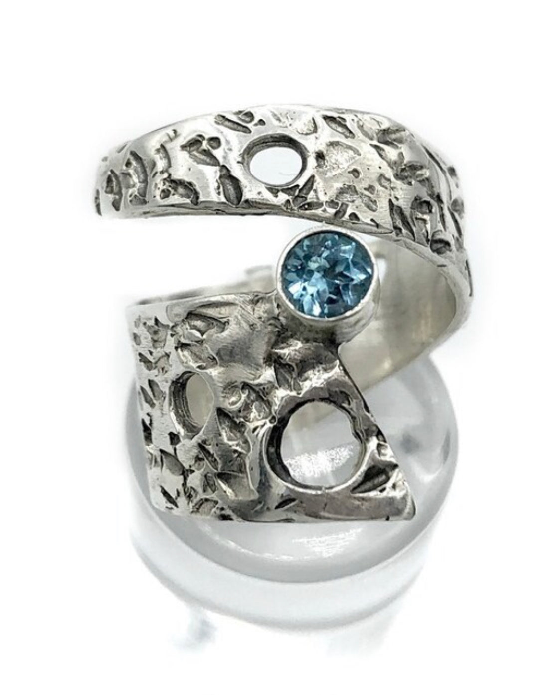 wide silver ring adjustable blue topaz