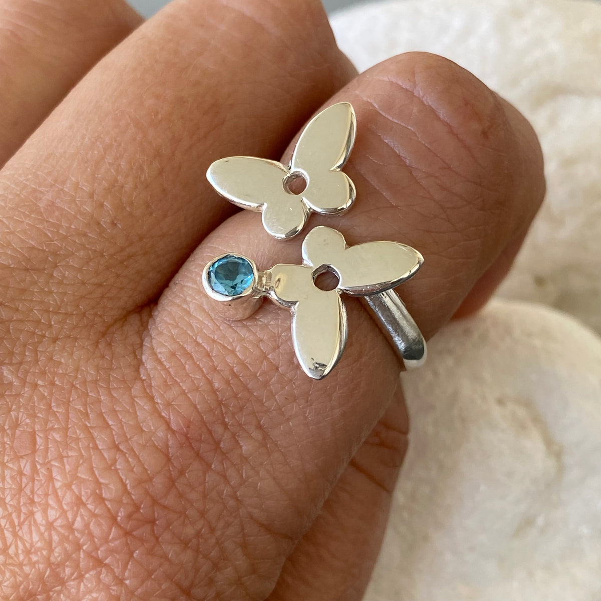 Silver Butterfly ring adjustable with blue gemstone