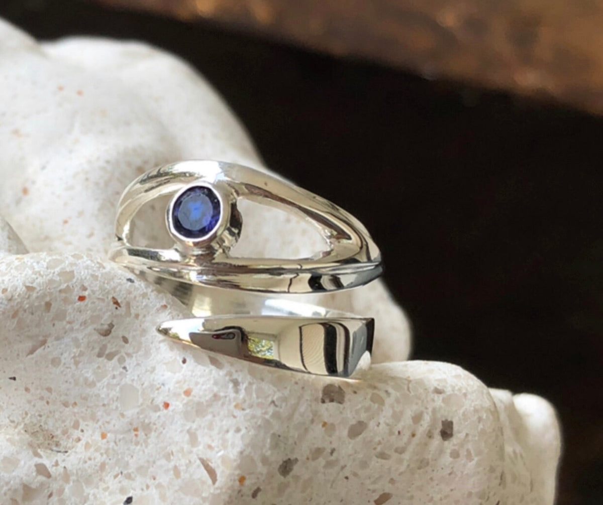evil eye ring with iolite gemstone adjustable silver ring