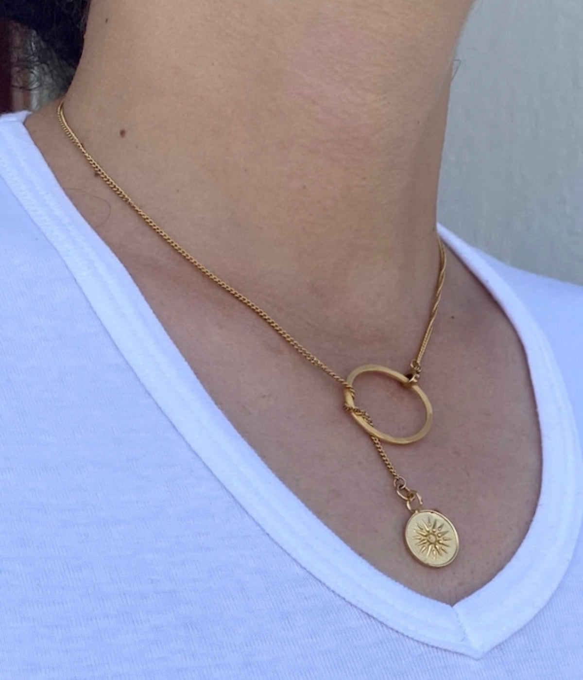 Lariat necklace circle with Macedonian star, Greek necklace
