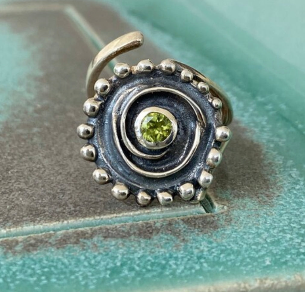 peridot silver statement ring, swirl handmade ring