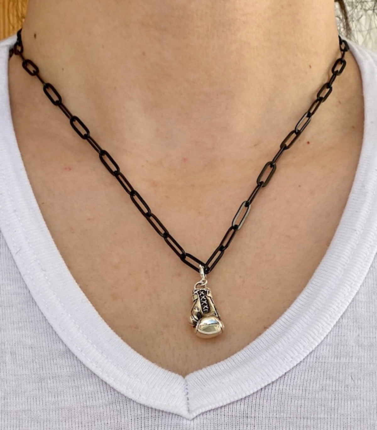 silver boxing glove with paperclip chain