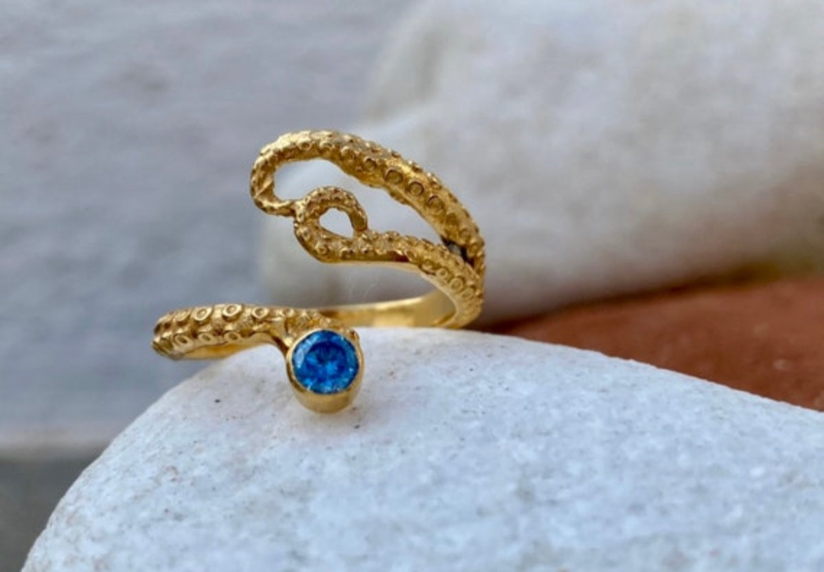 Octopus ring gold and blue gemstone, gold tentacle ring