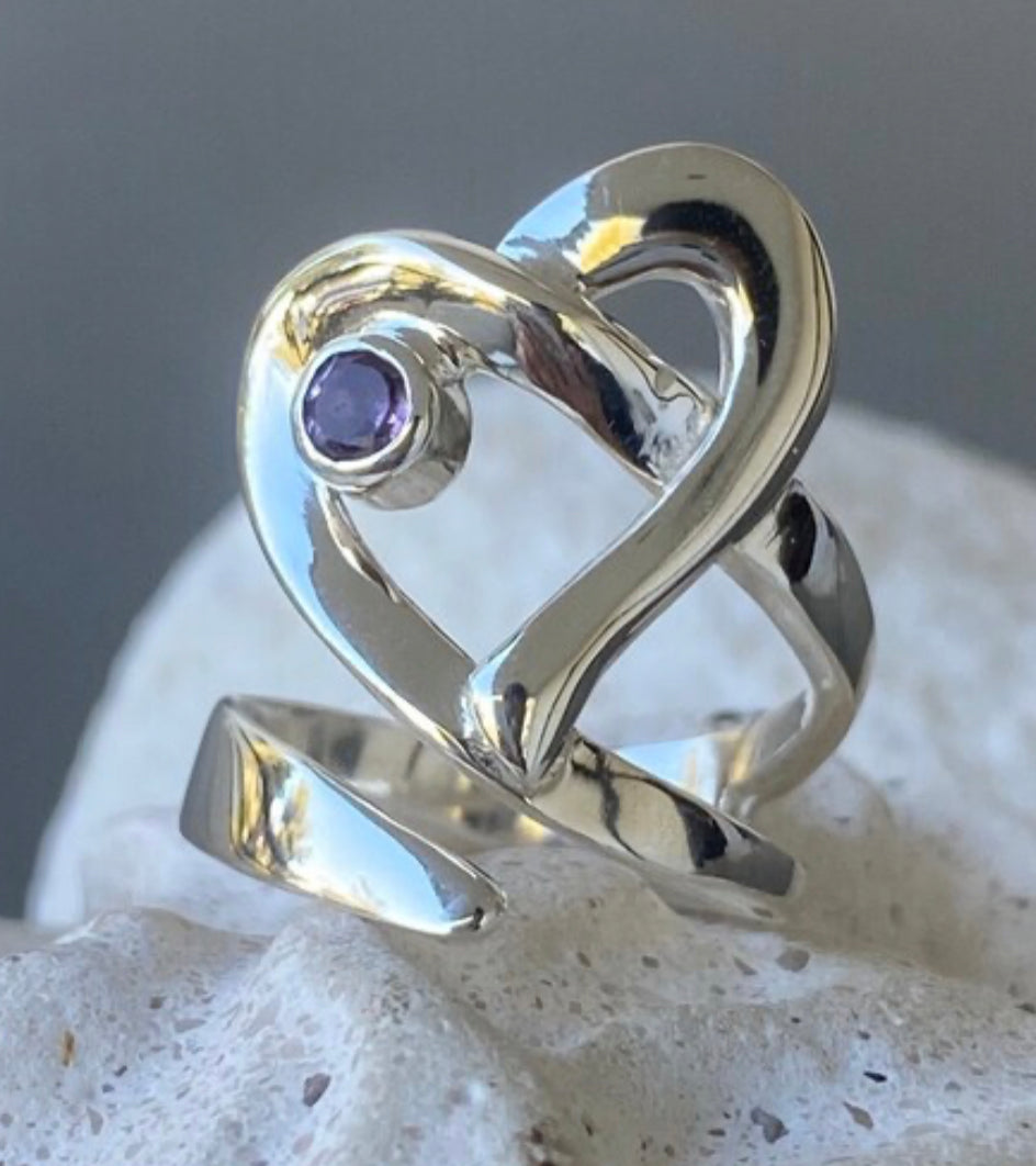 Heart ring silver adjustable with amethyst gemstone