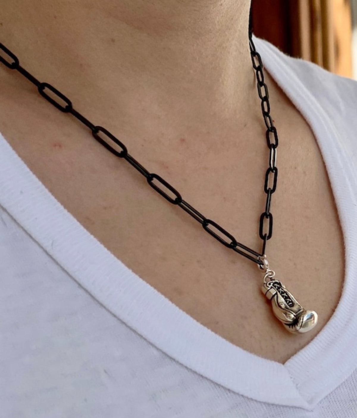 silver boxing glove with paperclip chain