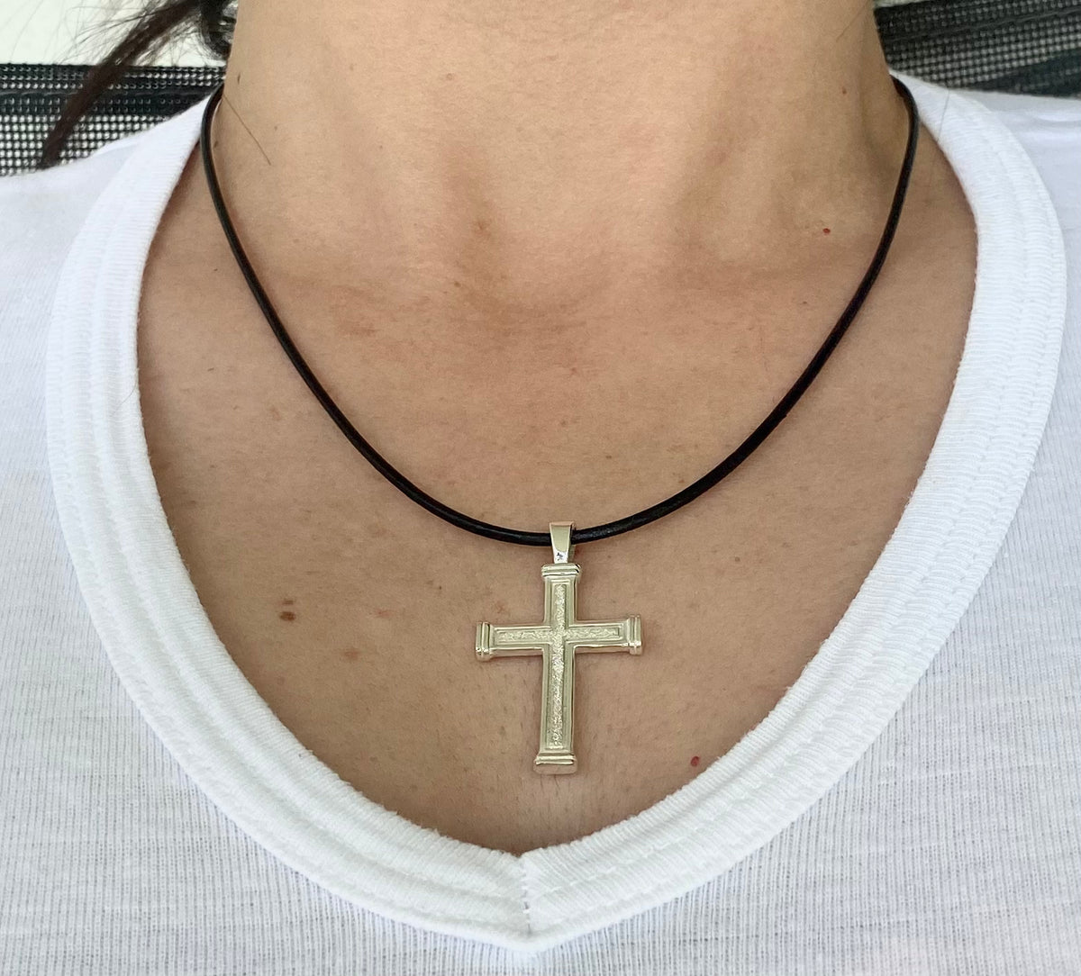 Men's cross necklace with leather cord, sterling silver cross