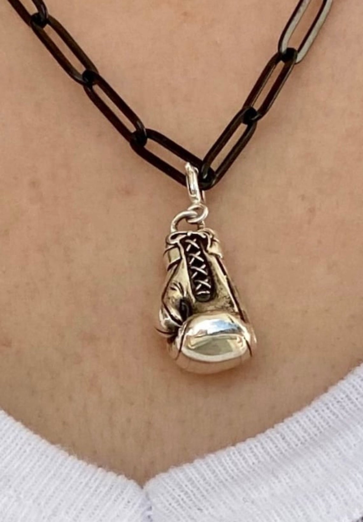 silver boxing glove with paperclip chain