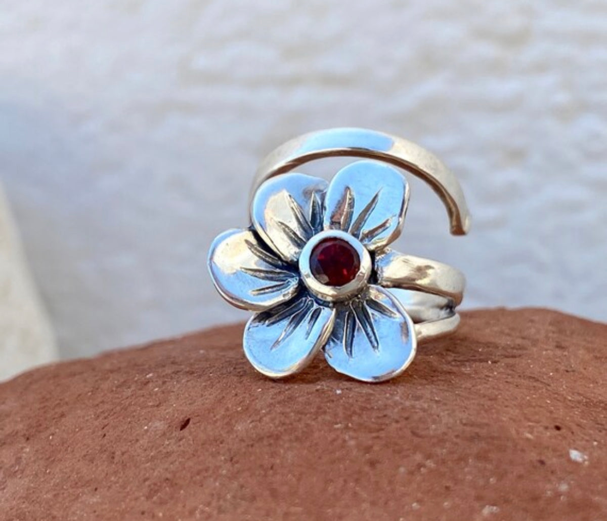 flower ring silver with a garnet gemstone, silver garnet ring