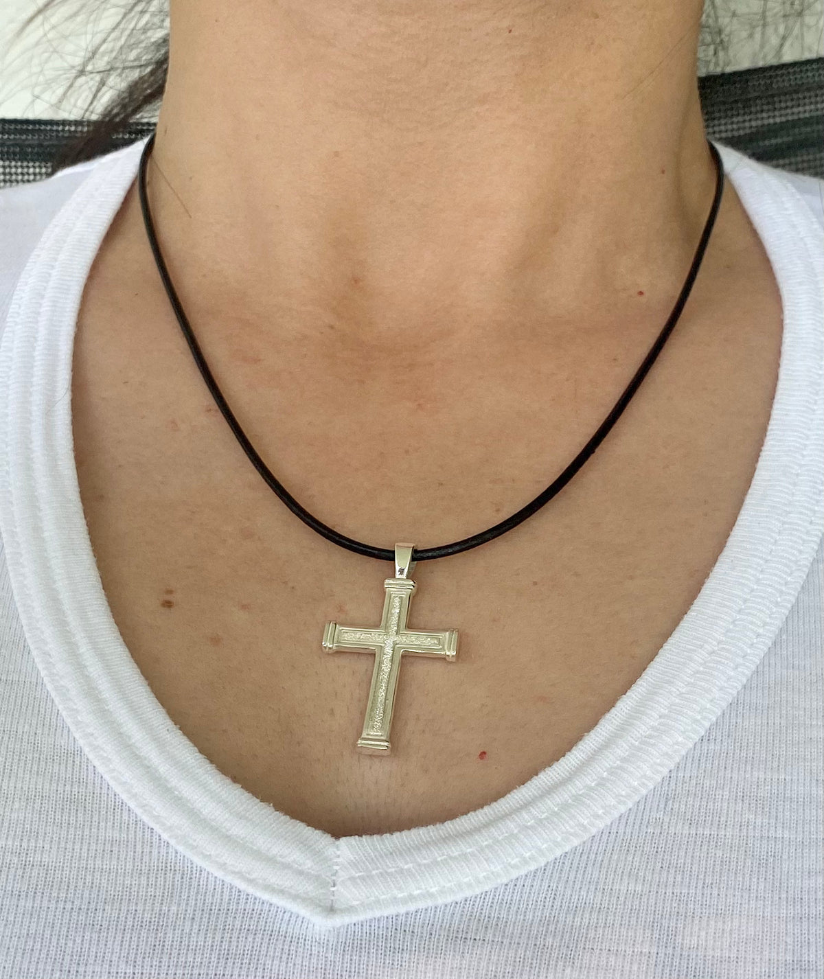 Men's cross necklace with leather cord, sterling silver cross