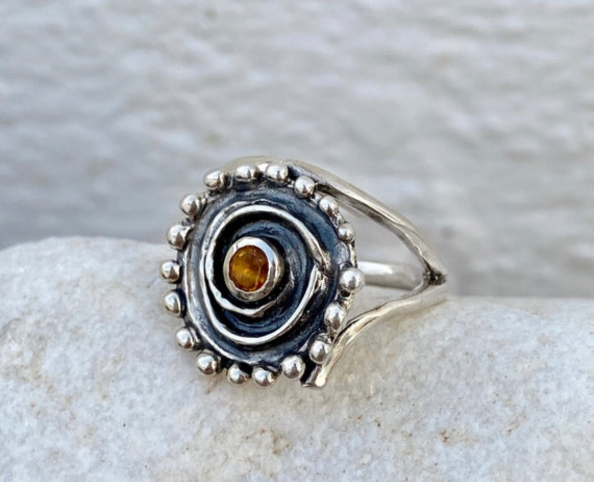 citrine silver statement ring, silver swirl ring