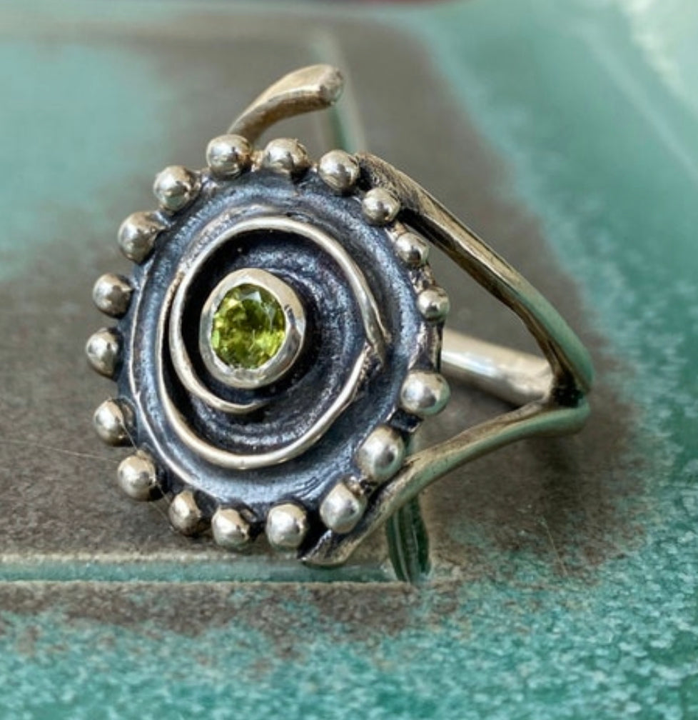 peridot silver statement ring, swirl handmade ring