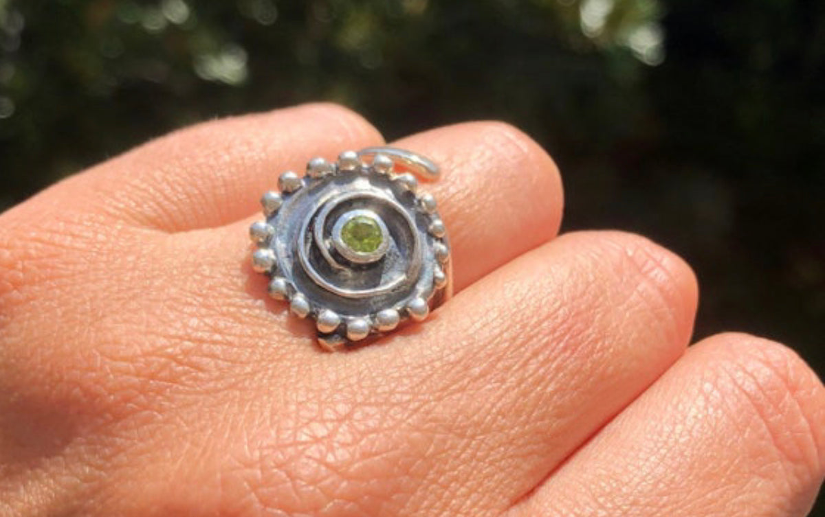 peridot silver statement ring, swirl handmade ring