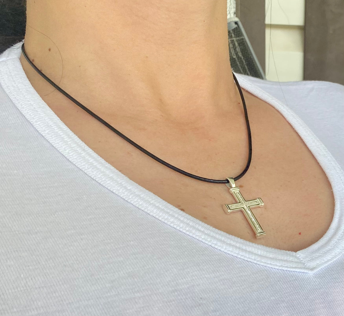 Men's cross necklace with leather cord, sterling silver cross