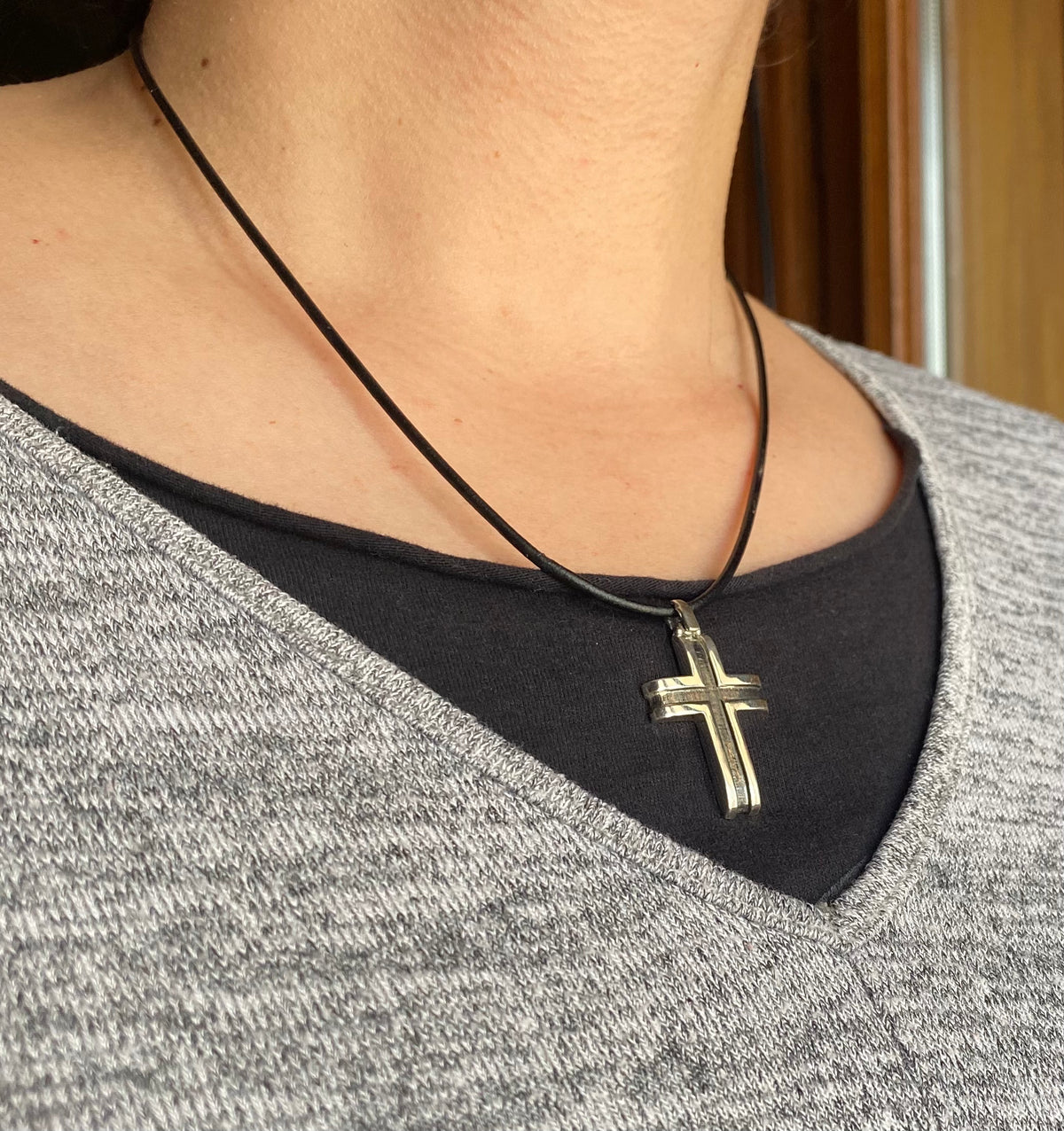 black and silver cross with leather cord, mens silver cross