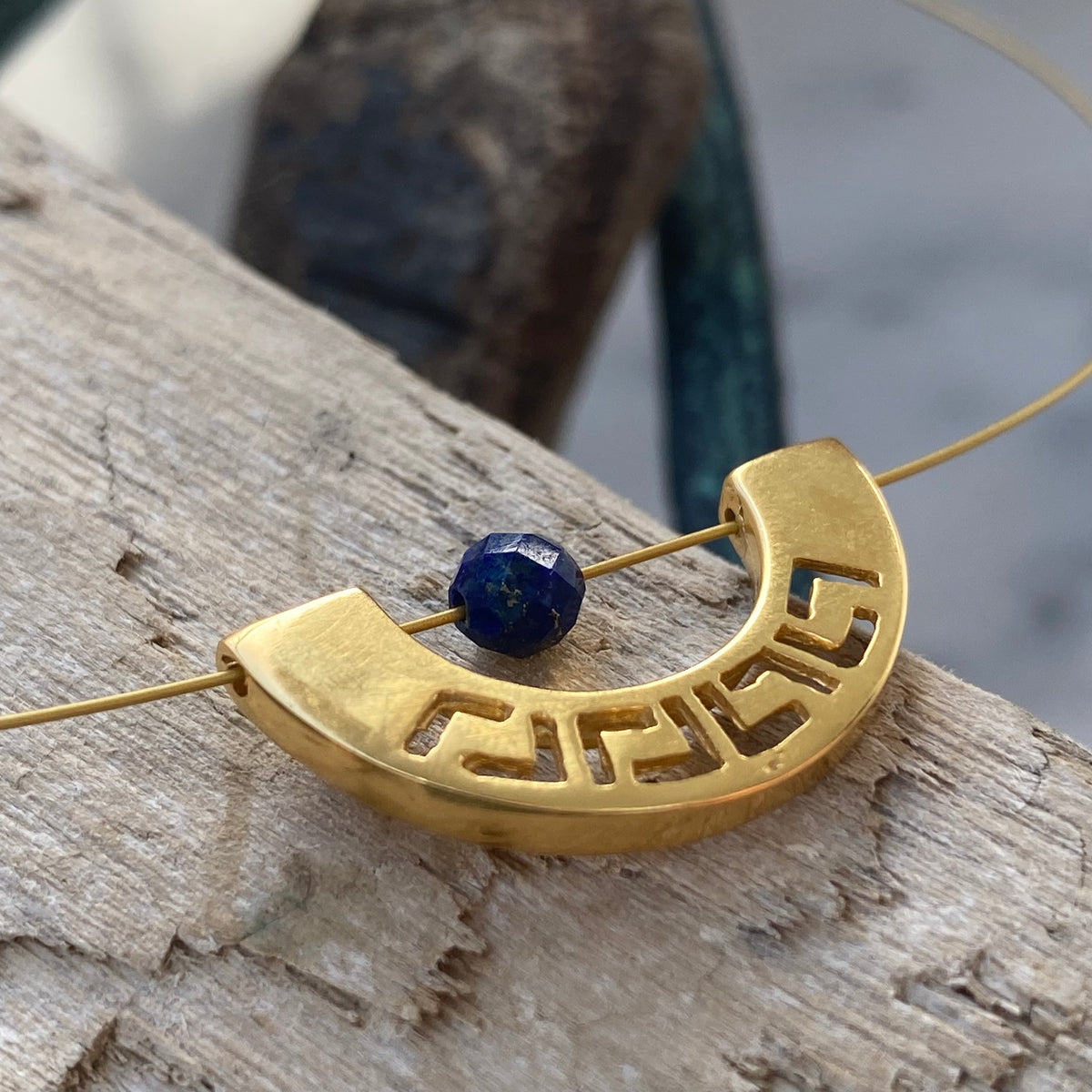 greek key choker necklace gold with a blue lapis
