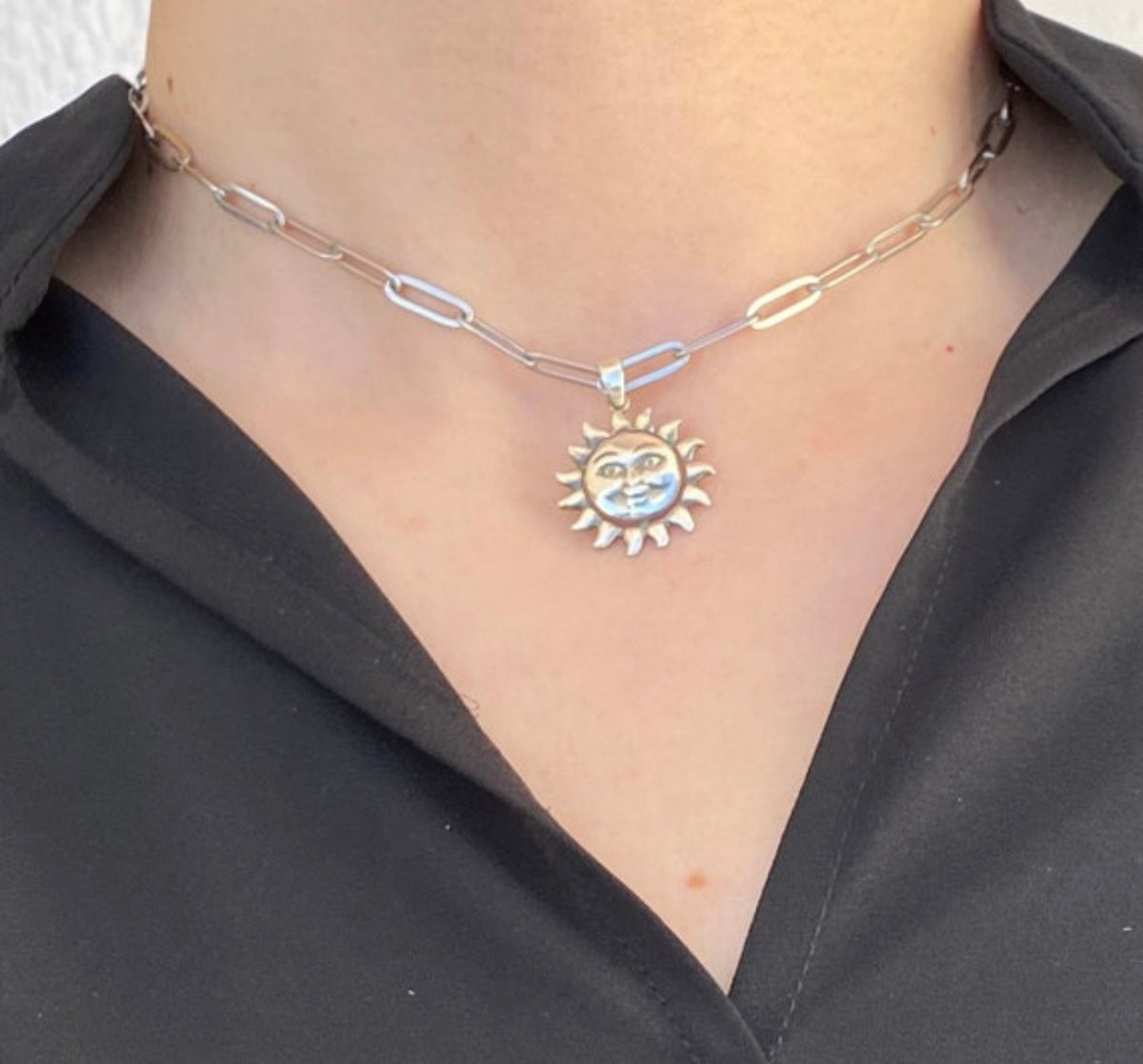 Sterling silver smiling sun paperclip chain