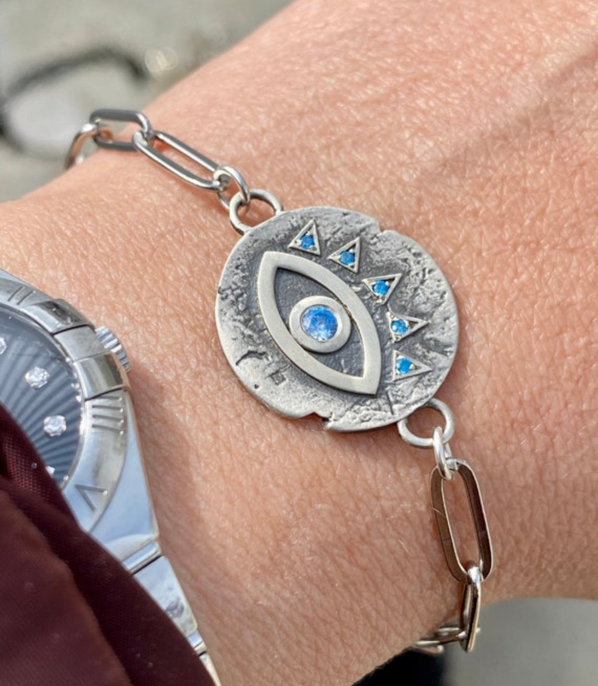 Evil eye bracelet, blue gemstone evil eye bracelet silver