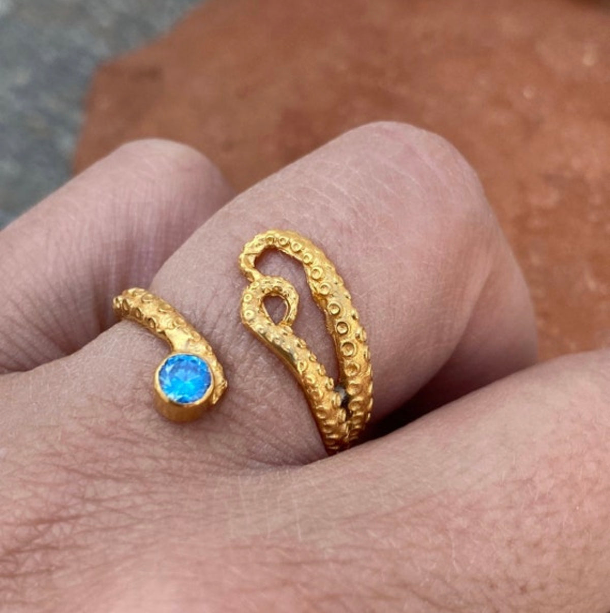Octopus ring gold and blue gemstone, gold tentacle ring