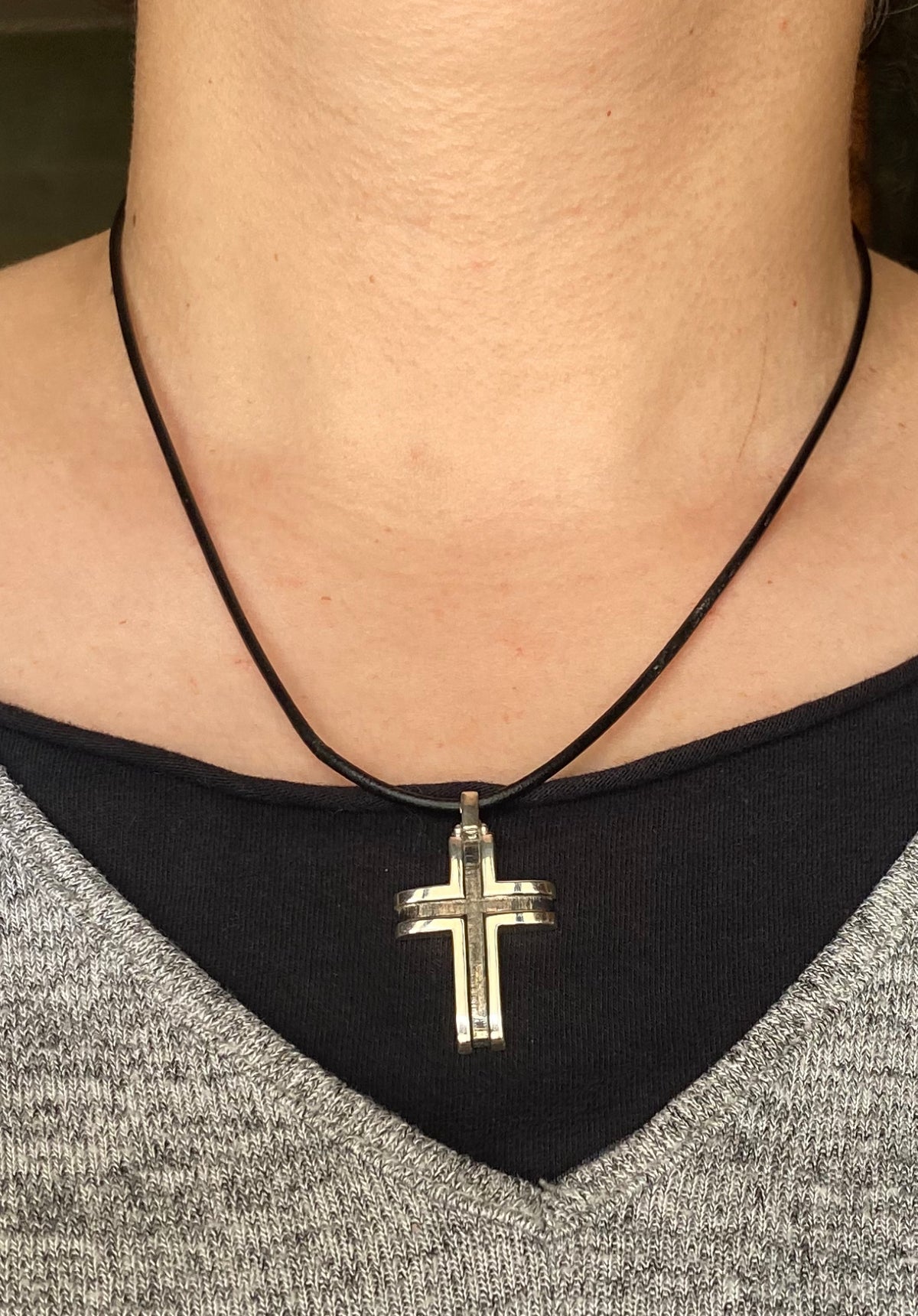 black and silver cross with leather cord, mens silver cross