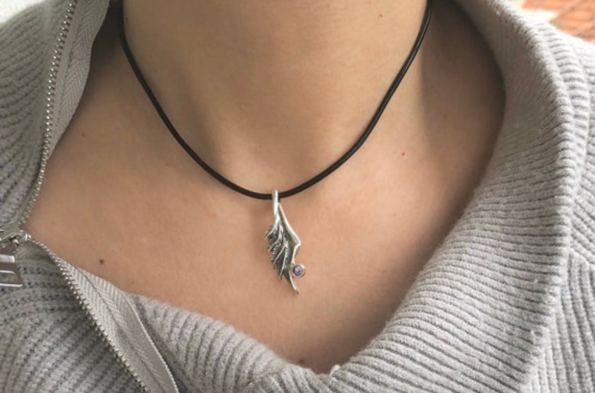 angel wing necklace with amethyst gemstone