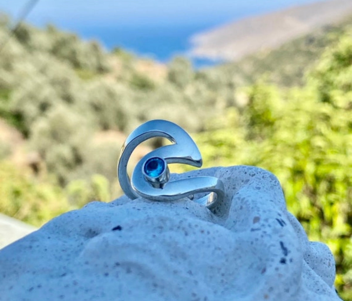Ocean wave ring silver adjustable with blue gemstone