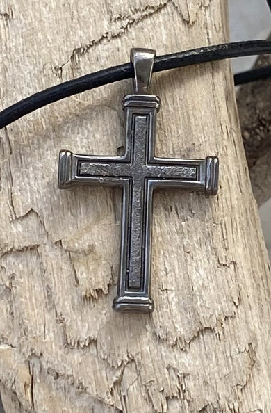 Men's black cross necklace with leather cord