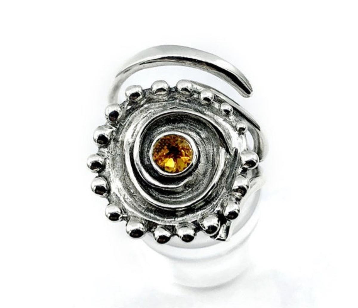 citrine silver statement ring, silver swirl ring