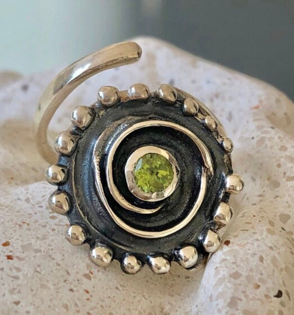 peridot silver statement ring, swirl handmade ring
