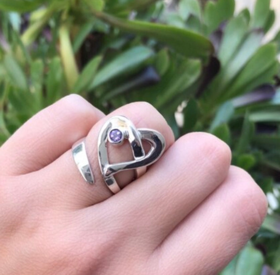 Heart ring silver adjustable with amethyst gemstone