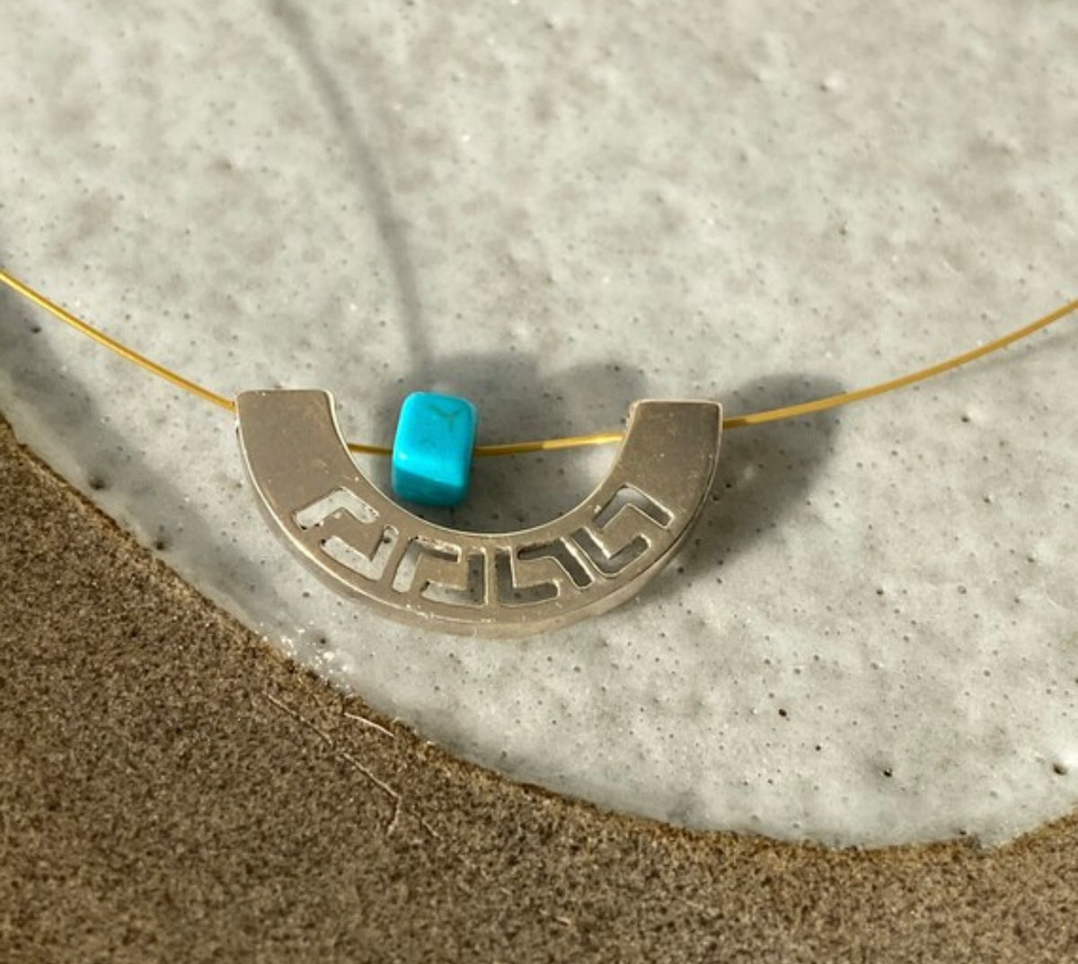 greek key with turquoise and wire necklace