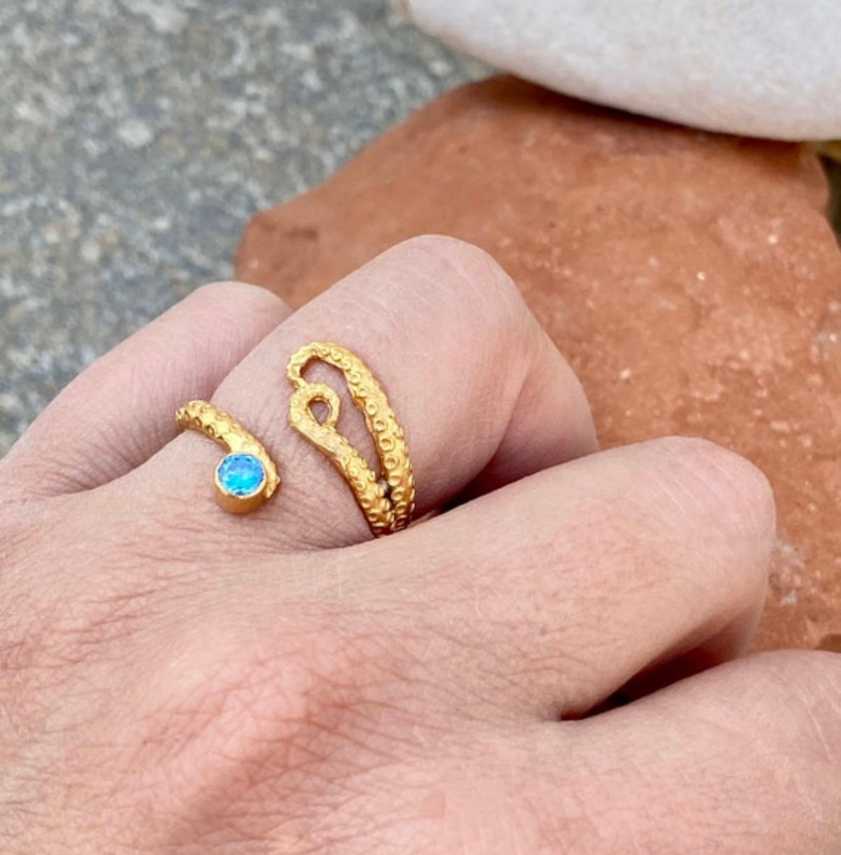Octopus ring gold and blue gemstone, gold tentacle ring