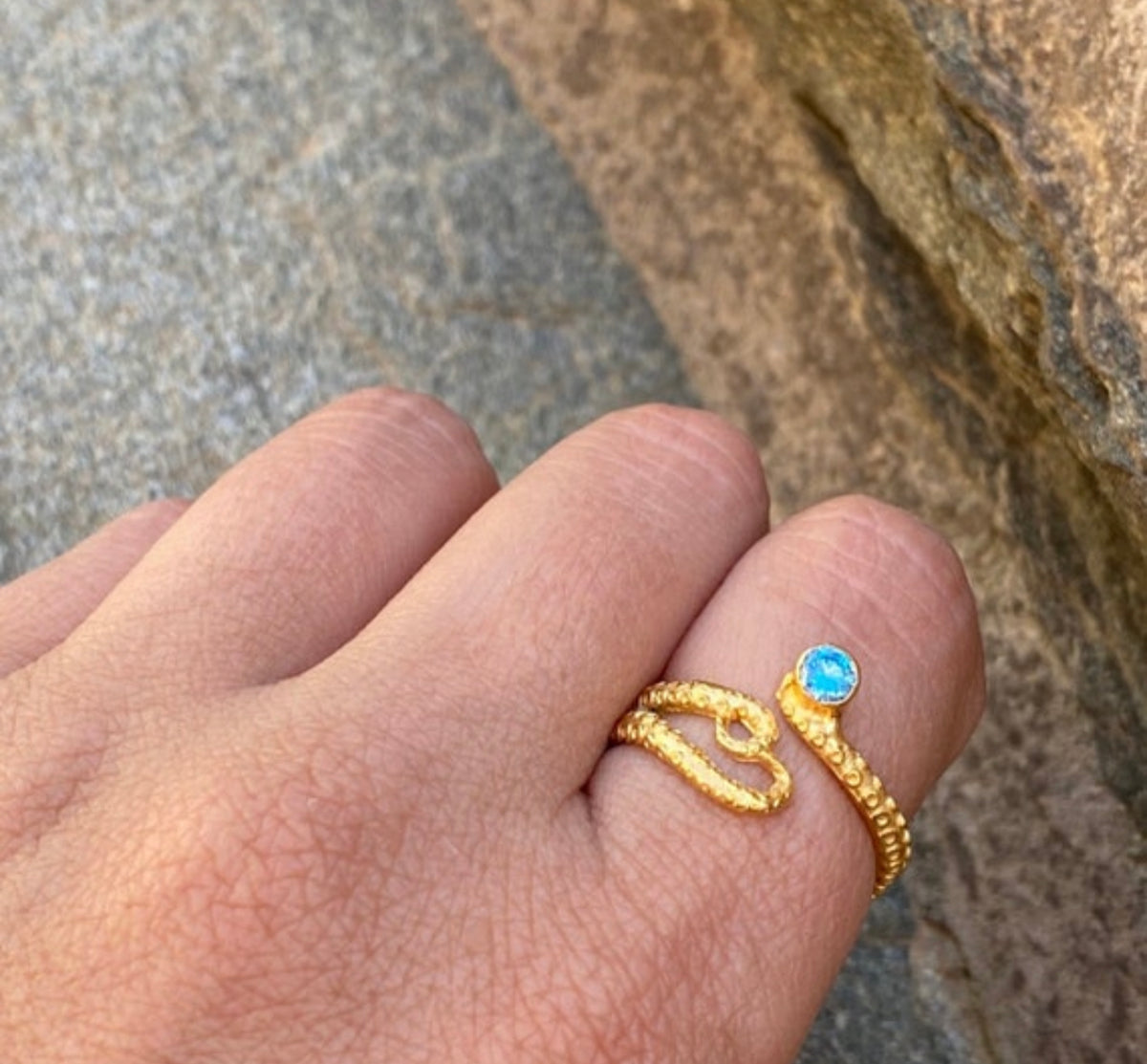 Octopus ring gold and blue gemstone, gold tentacle ring