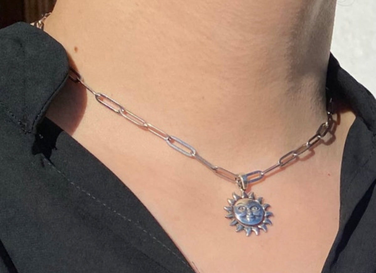 Sterling silver smiling sun paperclip chain
