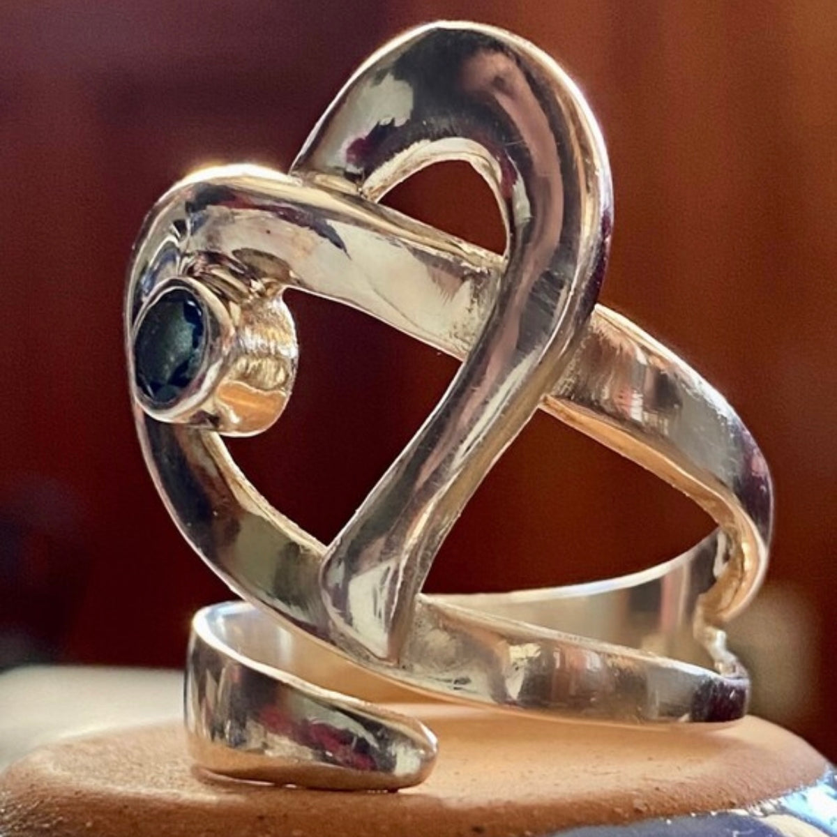 Heart ring silver adjustable with blue gemstone