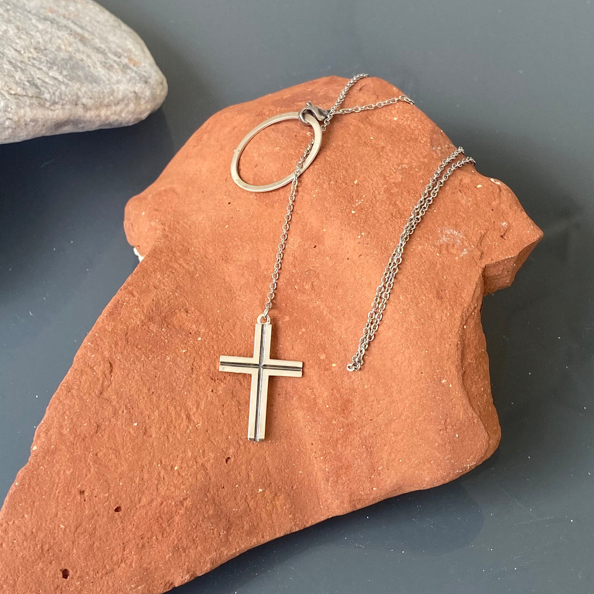 Circle lariat with cross necklace, women’s fashion necklace