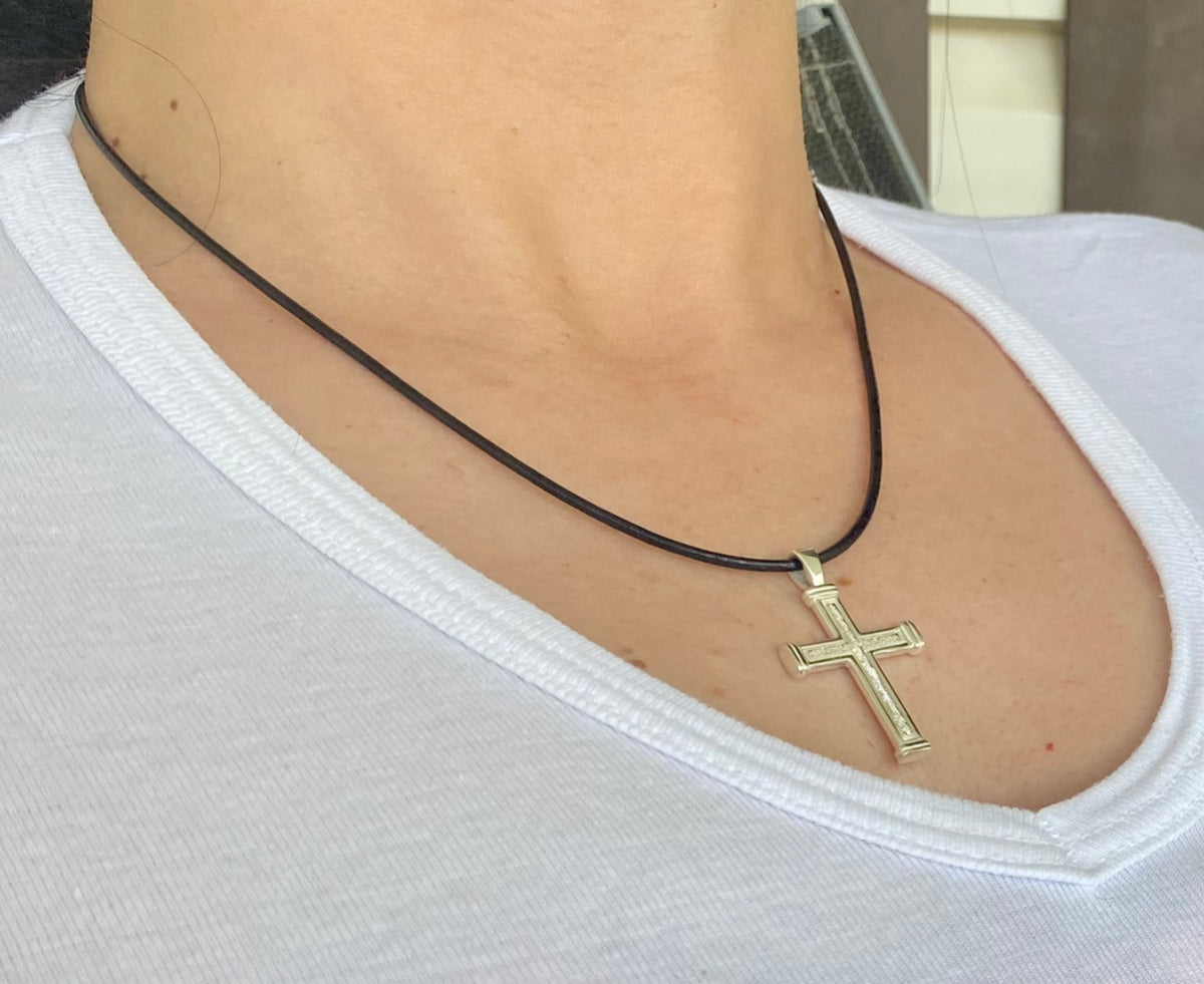 Men's cross necklace with leather cord, sterling silver cross